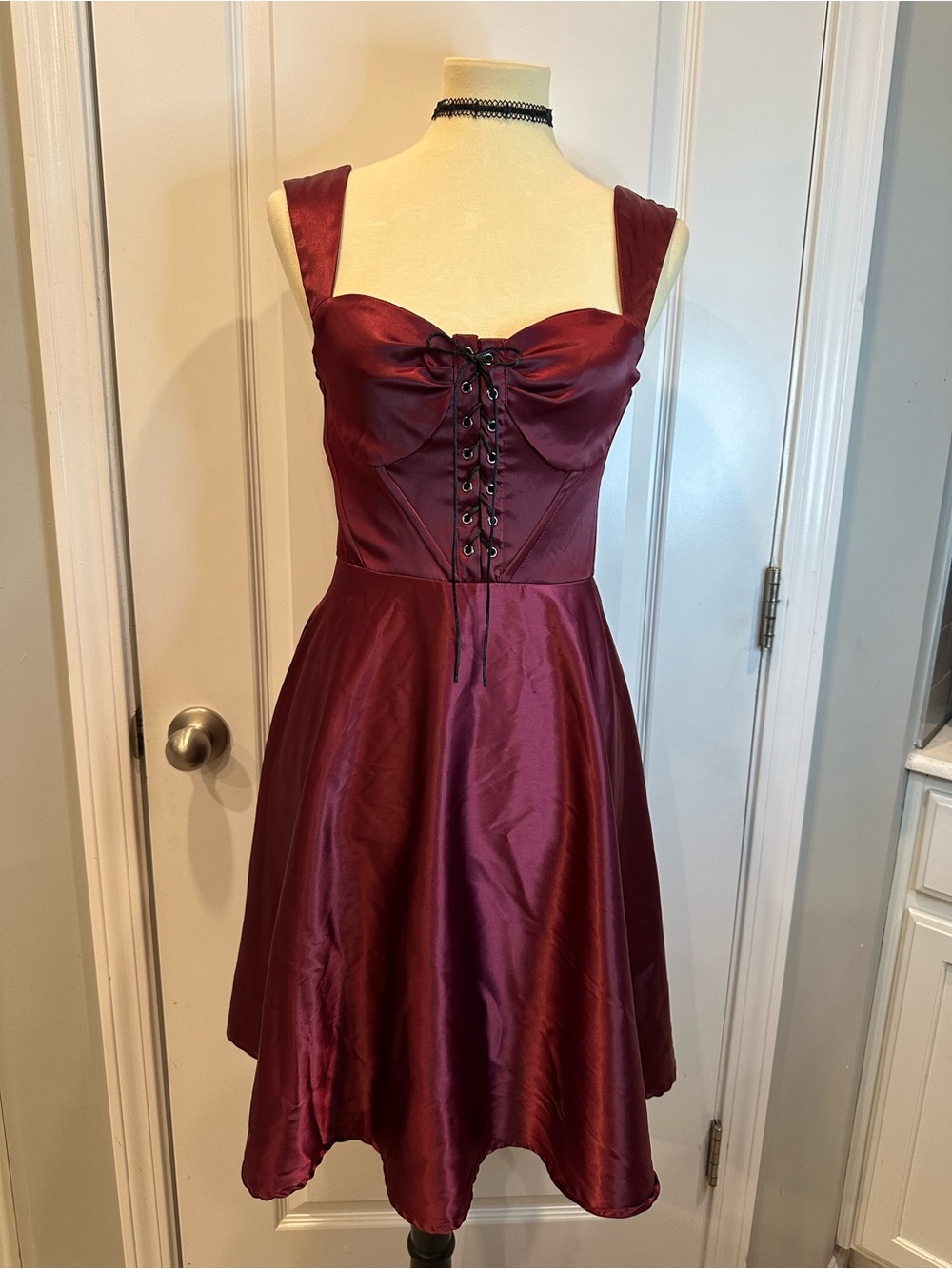 Unique Vintage Burgundy Satin Lace-Up Midi Dress